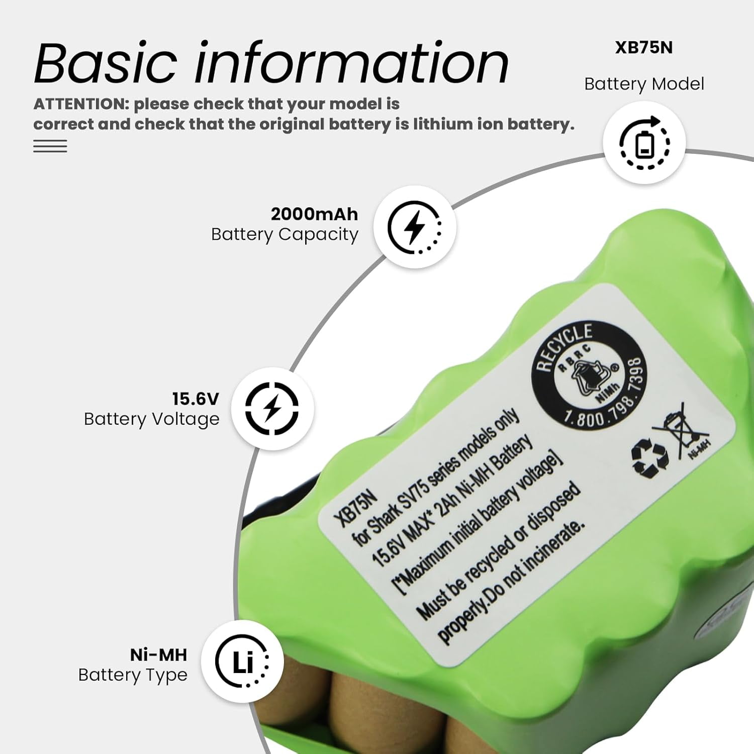15.6V 1200mAh XB75N Replacement Battery for Shark SV75_N SV75Z_N