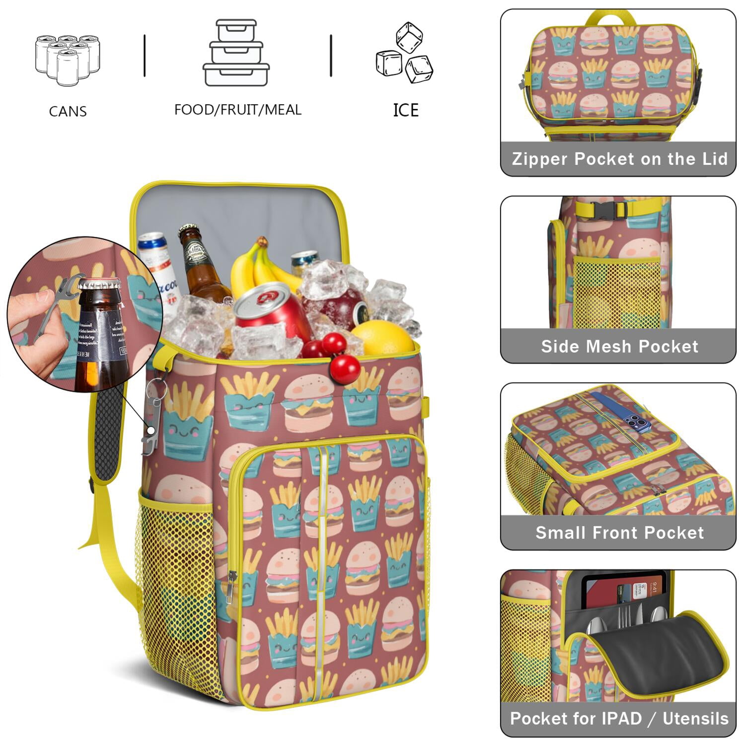 French Frie Cooler Backpack Insulated Waterproof Leak Proof Insulated Cooler Backpack Lightweight Lunch Picnic Camping Backpack Cooler for Office Workers Outdoor Enthusiasts