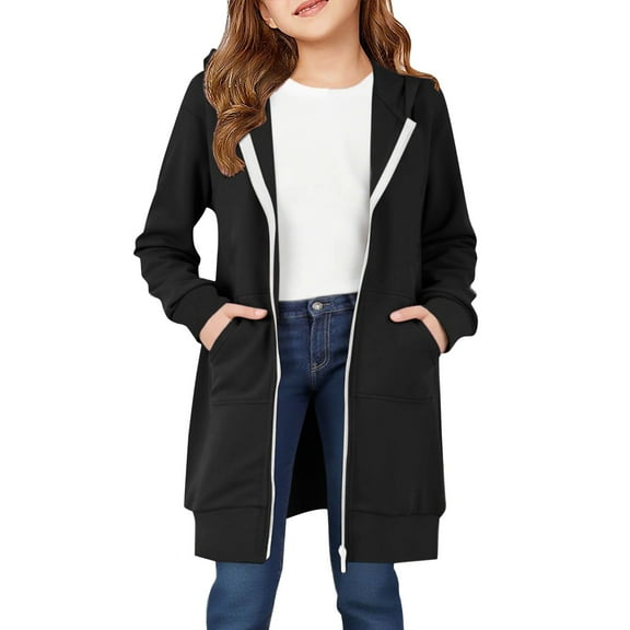 KAUOD Youth Boys Girls Long Hoodi𝐞s Jackets Zip up Cotton Coats Teen Kids Plain Oversized Sweatshirts Clothes with Pockets