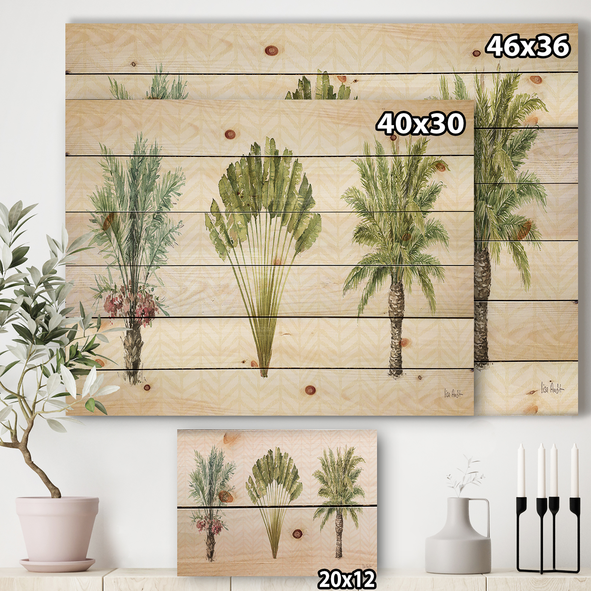 Designart 'Botanical Mixed Green Palms II' Farmhouse Print on Natural Pine Wood
