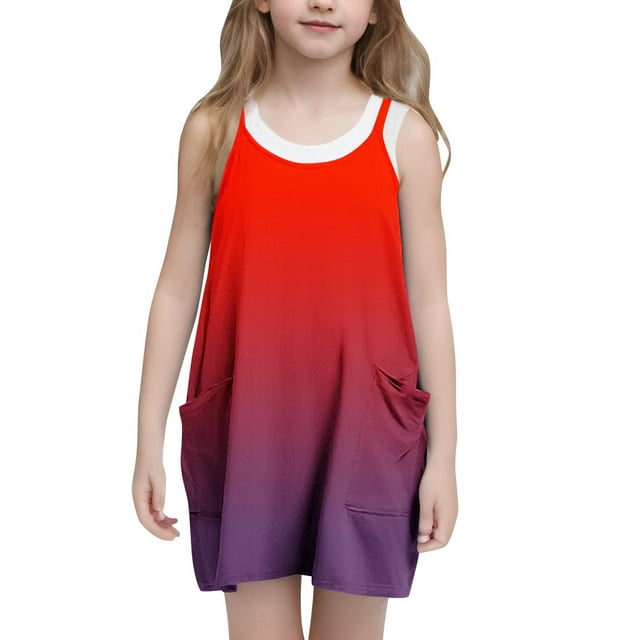 Bwiyojiz Tailles Mode 120-160 Robe Sans Manches à Col Rond Décontractée d'Été à Bretelles Combishort Robes Tennis avec Poches pour Enfant, 13 Ans, Cadeaux pour la Famille, Rouge