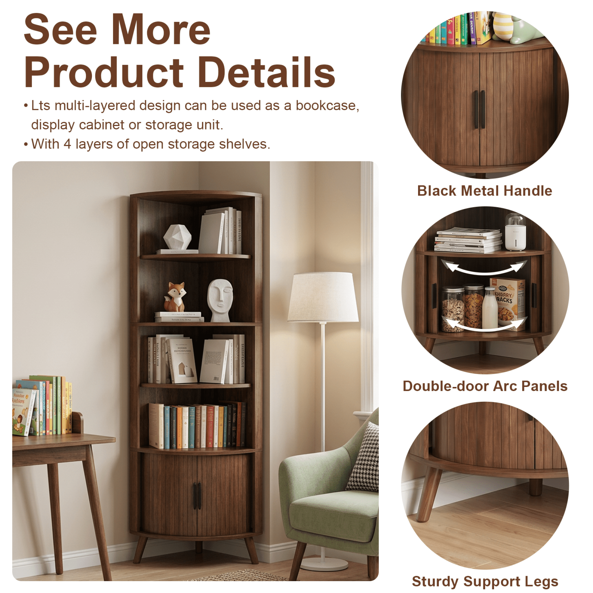 Leumius 5-Tier Corner Bookshelf, Freestanding Wood Corner Shelf with Sliding Doors & Open Shelves, Saving Space, Modern Corner Storage Cabinet for Living Room, Kitchen, Office (Walnut)