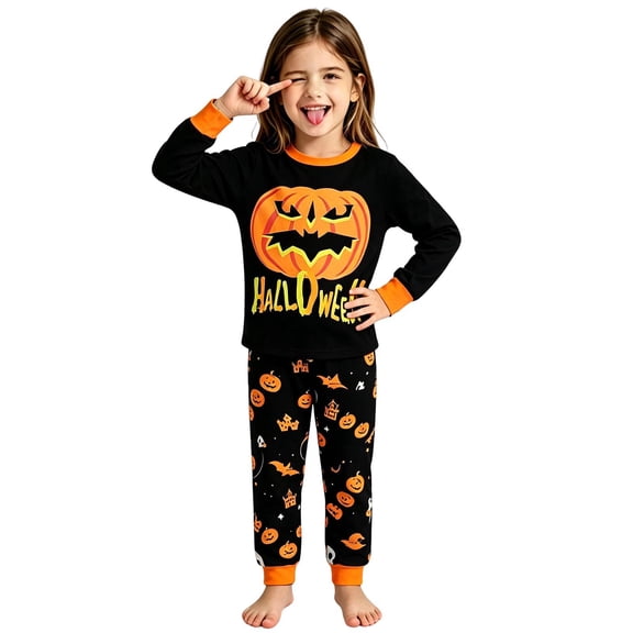 SJLDQY Halloween Girls Pajamas Pumpkin Graphic Long Sleeve Shirts Pants 2 Piece Hallowmas Pjs Sets Fall Winter Sleepwear Comfy Loungewear