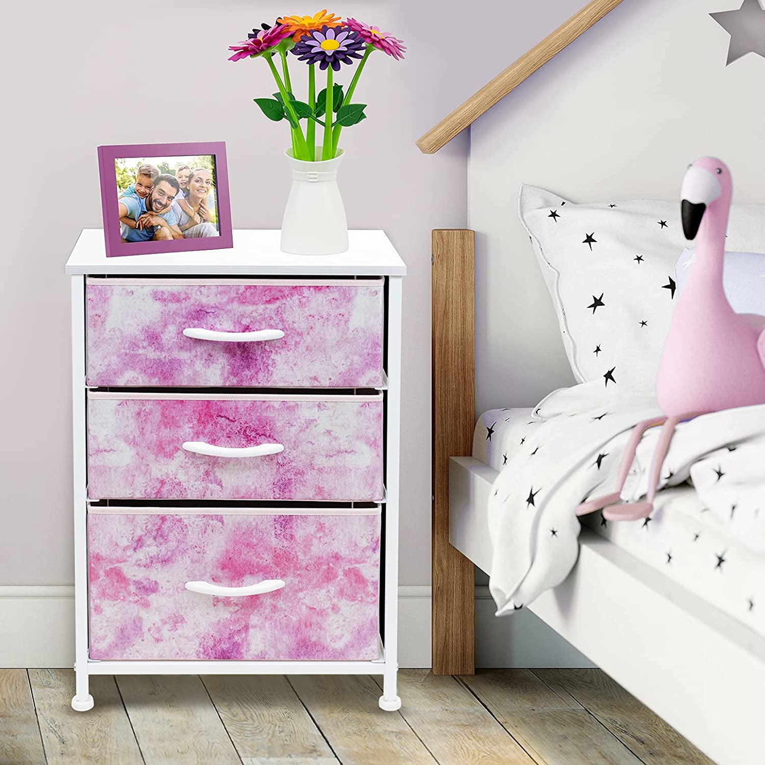 Sorbus Nightstand Storage Organizer with 3 Drawers ( Tiedye Pink