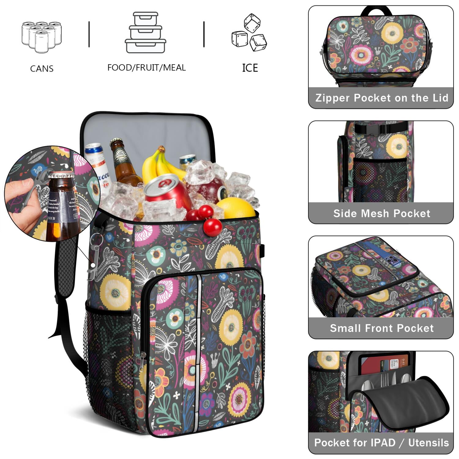 Travel Cooler Bag - Boho Bohemia Flower Camping Beer Cooler Backpack with Bottle Opener- Waterproof Insulated Picnic Backpacks - Cooler Bag for Beach