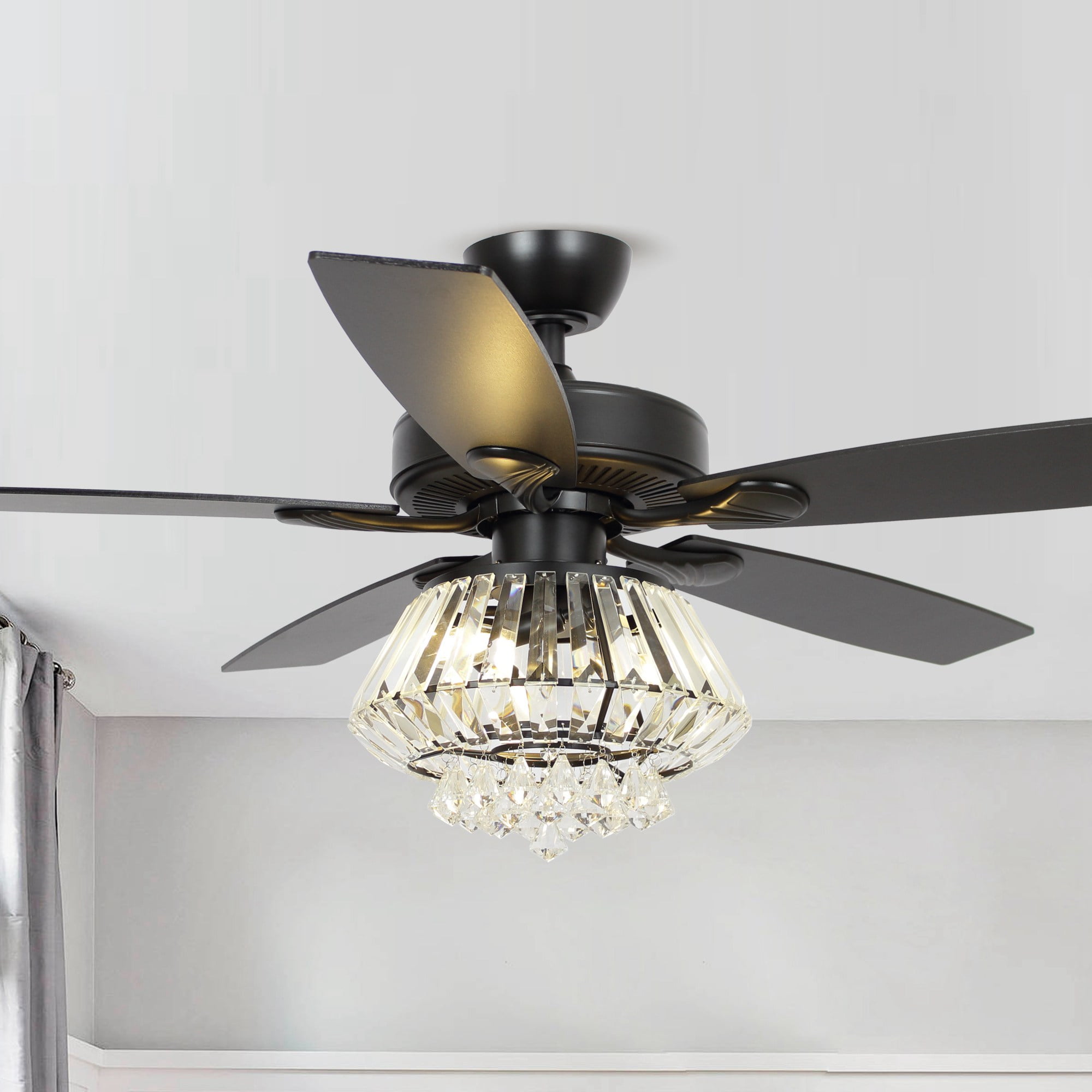 Parrot Uncle Ceiling Fan with Remote Control 52 inch Diamond Crystal Chandelier Fan with Light 5 Reversible Blades Ceiling Fan, 3 Bulbs Not Included, Black