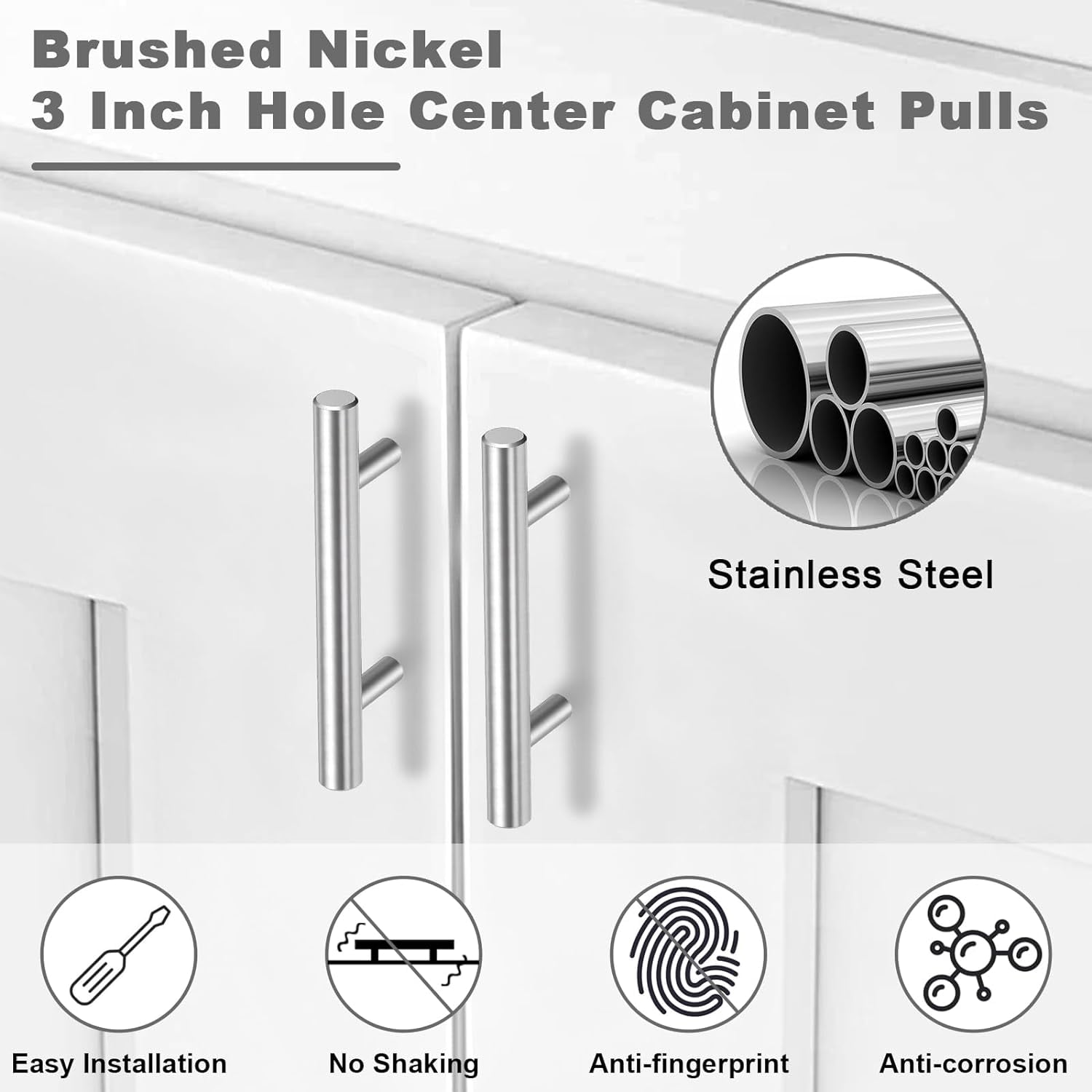 30 Pack Brushed Nickel Cabinet Handles 3 Inch Hole Center Drawer Pulls Stainless Steel Cabinet Pulls Silver Kitchen Handles Cabinet Hardware for Drawers, Cupboards - 5" Length, 3" Hole Center