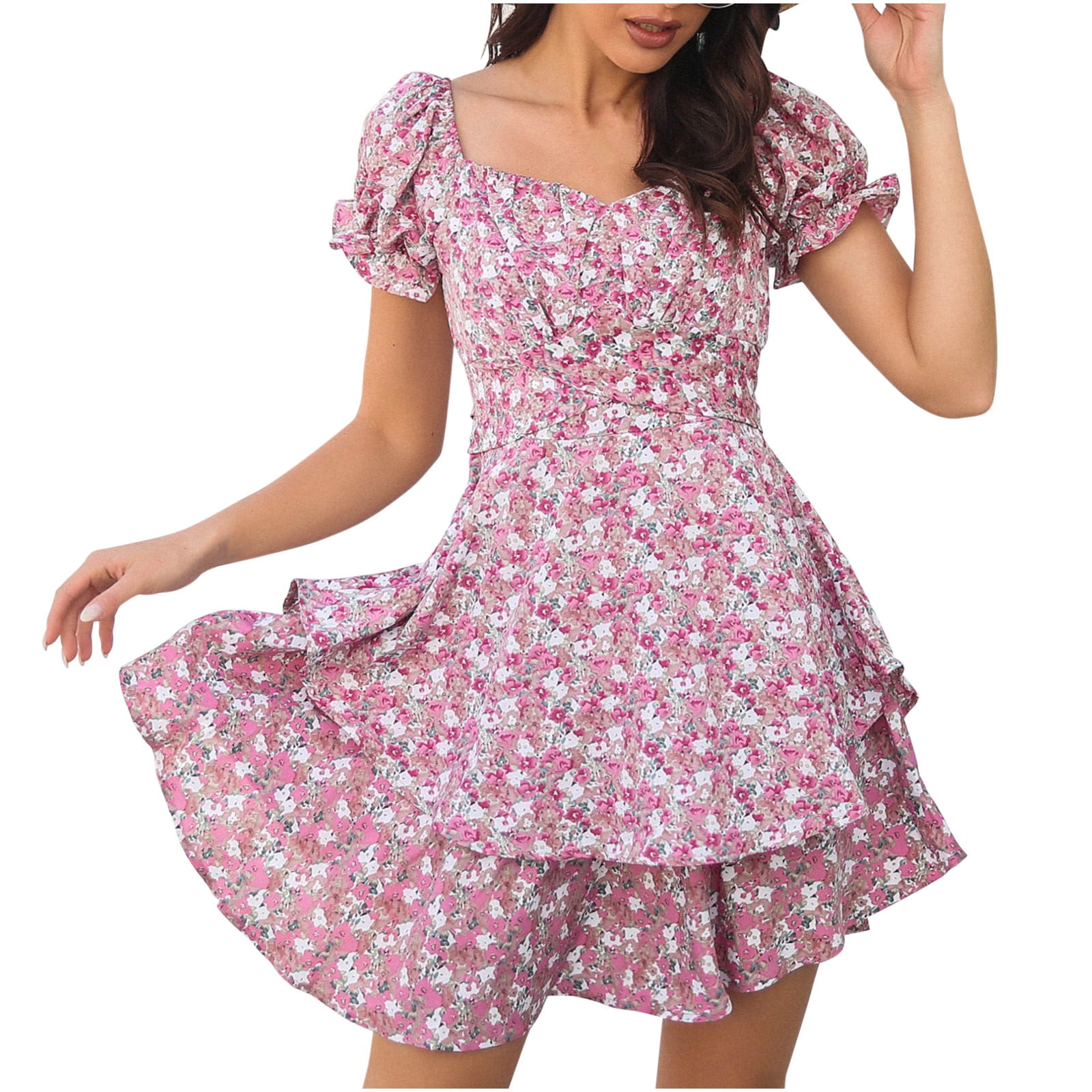 Mchoice Women's Summer Dresses Floral Puff Short Sleeve Ruched A Line ...