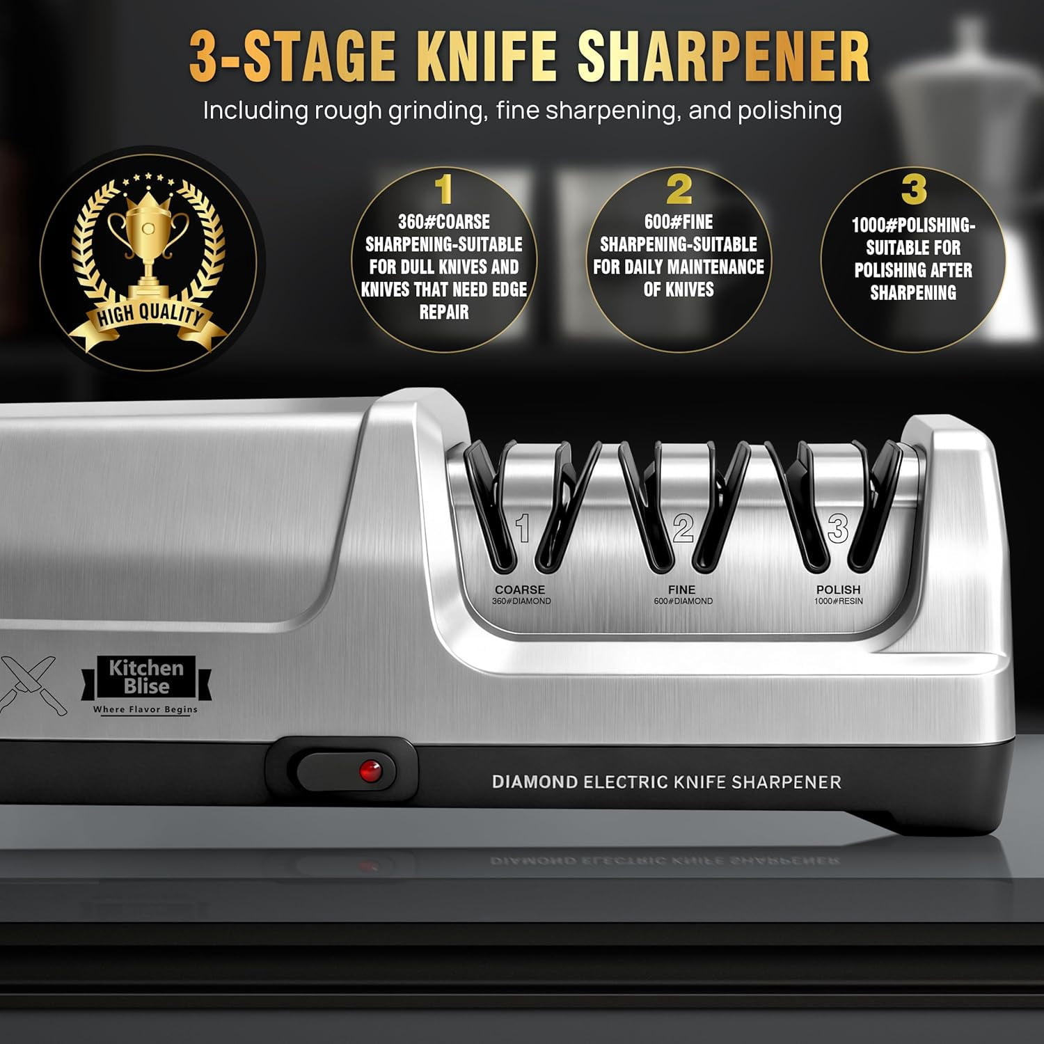 Electric Knife Sharpener with Metal Dust Box - 3-Stage  Sharpening System for Straight and Serrated Knives