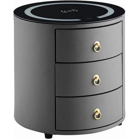 Round Nightstand Bedside Table, Smart Night Stand with Wireless Charging Station Adjustable LED Lights, Faux Leather Storage Cabinet with 3 Drawers for Bedroom