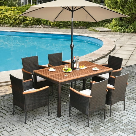 Gymax 7pcs Rattan Outdoor Dining Set Patio Furniture W Cushions Umbrella Hole Canada Gymax 7pcs Rattan Outdoor Dining Set, Outdoor Table Set With Umbrella Hole