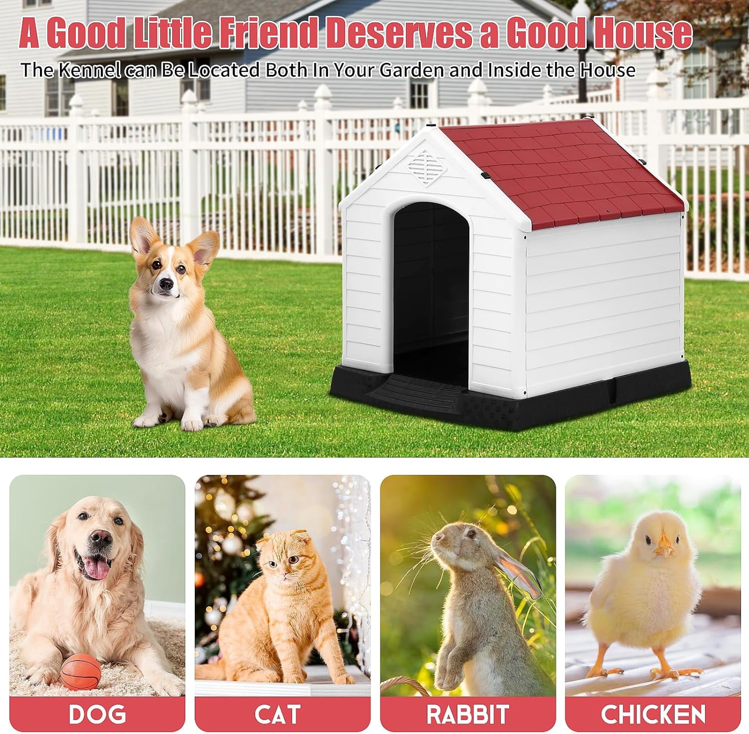 Dkelincs 28 inch Durable Plastic Dog House Indoor Outdoor Weatherproof Pet House with Air Vents and Elevated Floor, Red