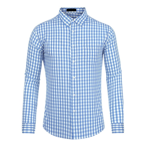 Camisa a cuadros para hombre, ajuste regular, con botones, manga larga, vestido, camisas a cuadros azul claro blanco M