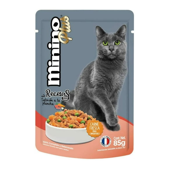Caja con 24 Sobres de Alimento Húmedo Para Gato Minino Plus Sabor Salmón A La Plancha 85 g Minino Razas pequeñas pollo