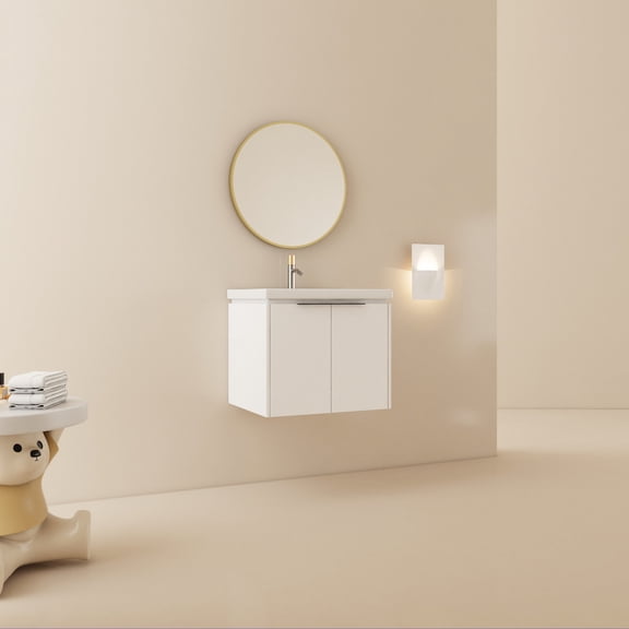 24 Inch Wall Mounted Vanity with Metal Handles, Soft Closing Ceramic Basin - Small Bathroom Upgrade, Silent Operation, Scratch & Water Resistant