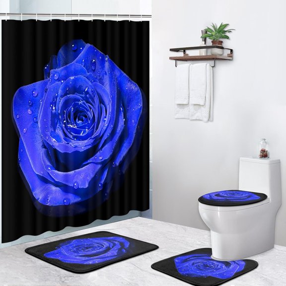 4 Pcs Shower Curtain Sets, Tiger Cat Blue Rose Wild Waterproof Bathroom Sets with Non-Slip Rugs, Toilet Lid Cover and Bath Mat, 12 Hooks, Accessories Modern Home Bathroom Decor 72" X 72"