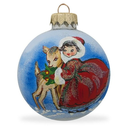 - Girl with Reindeer Glass Ball Christmas Ornament 3.25 Inches