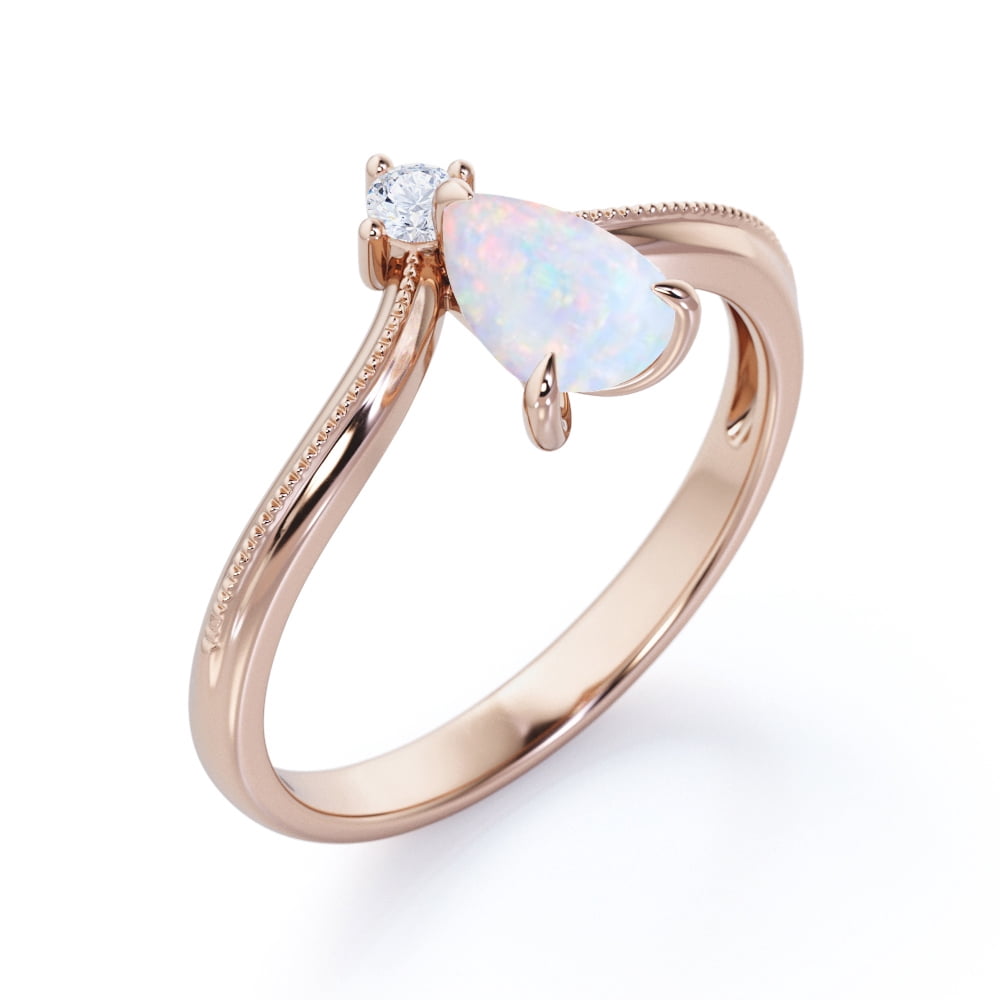 JeenMata Milgrain Border - 1 Carat Pear Cut Genuine Opal and Moissanite - V Shaped Double Stone Engagement Ring - 18K Rose Gold Plating over Silver