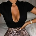 thumbnail image 3 of Ussuma Plus Size Tops for Women Women Summer Zipper Short Sleeve Sexy Short Blouse Shirt Up to 65% off Crew Neck T Shirts for Womens Tops Round-Neck Solidcolor, 3 of 4