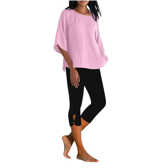 Paiyanr Cotton Linen Sets for Women Summer Breathable Tops Capris 2 Piece Outfits Loose Casual Solid Color Flax Round Neck 3/4 Sleeve Tops Cropped Pants Set