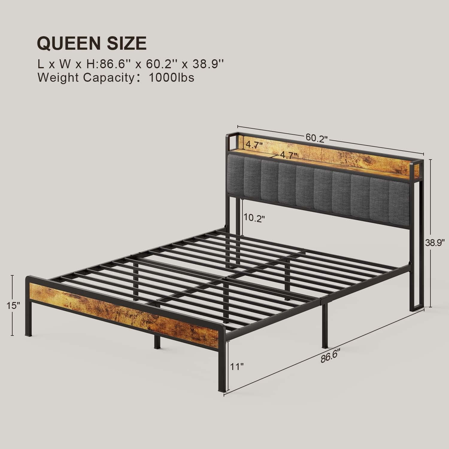 Lofka Queen Bed Frame with Storage Headboard, 11" Under Bed Storage Space, 1000lb Heavy Duty Metal Frame, Noise-Free Design, Easy Assembly, Fits 8-12" Mattress, Black