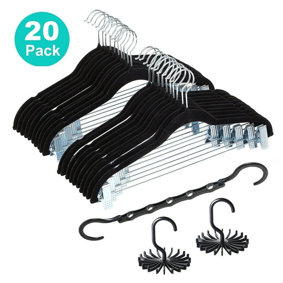 VECELO 20-Pack Velvet Clothes Hangers, 16.5in Heavy-Duty Hangers with Adjustable Clips, Non-Slip, Space-Saving, Black