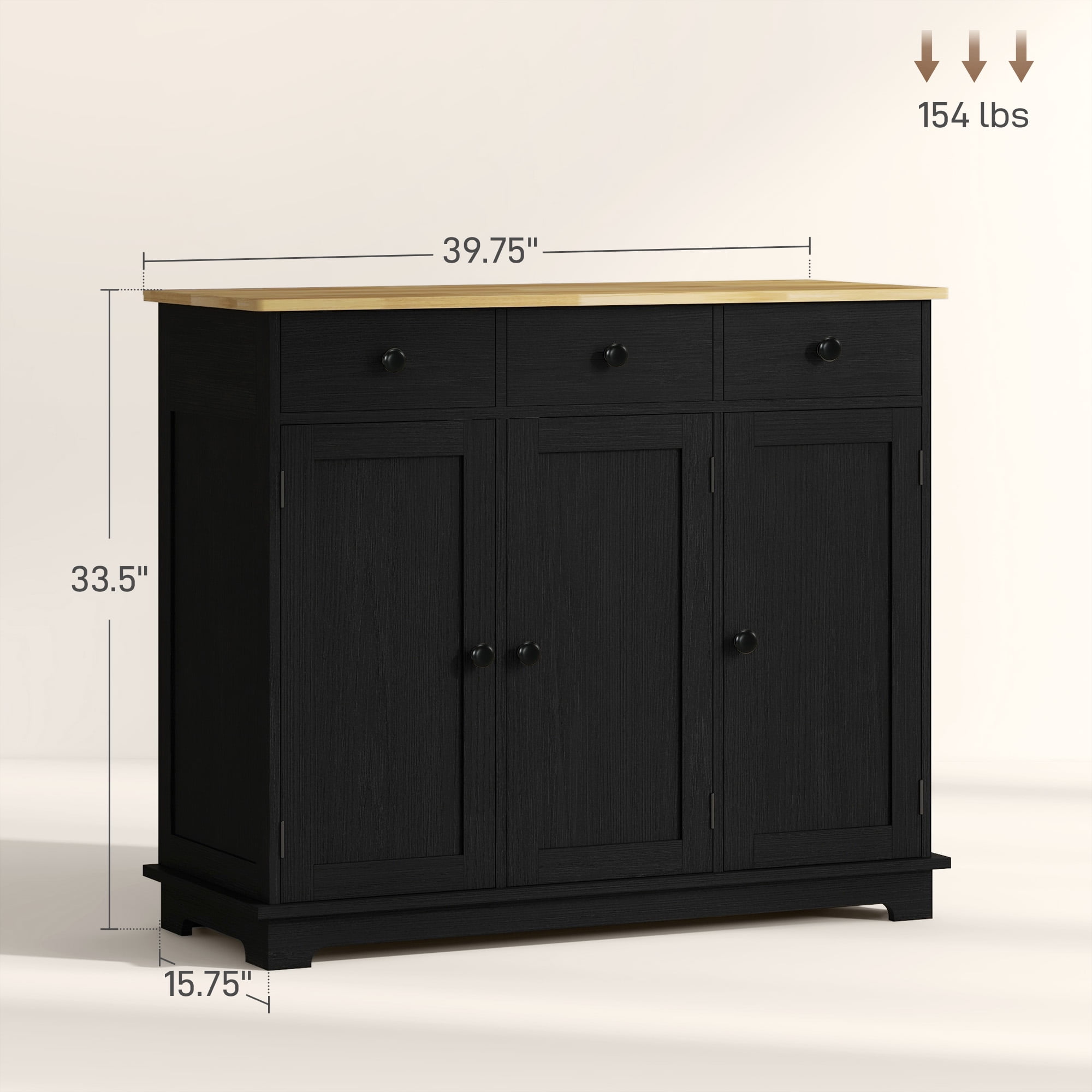 HOQBN Sideboard Buffet Cabinet with Rubberwood Top and Adjustable Shelves for Dining Room, Kitchen, Black