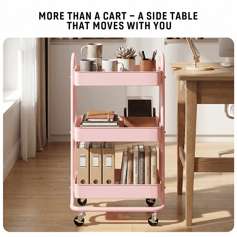 Fenbeli 3-Tier Metal Rolling Utility Cart with Wheels, pink, 18"L x 13.4"W x 31"H