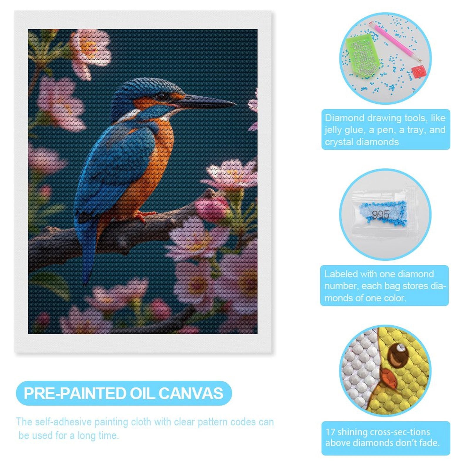 Diamond Art Kits for Adults, Kingfisher Blossoms Nature Scene 5D Diamond Painting Kits for Adults Beginners, DIY Full Drill Diamond Painting, Gem Art and Crafts 12x16