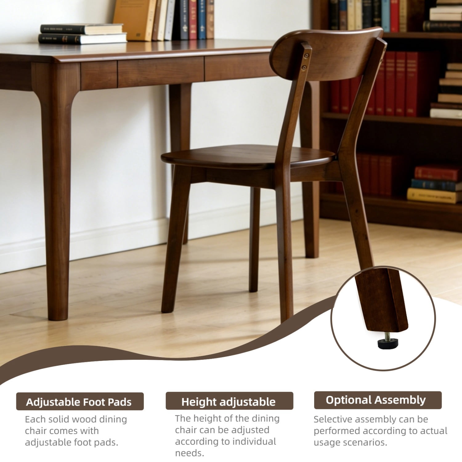 100% Natural Solid Wood Dining Chair Mid Century Modern Kitchen Chair with Curved Backrest Adjustable Foot Pads Walnut Dining Room Living Room Study Chair, Walnut