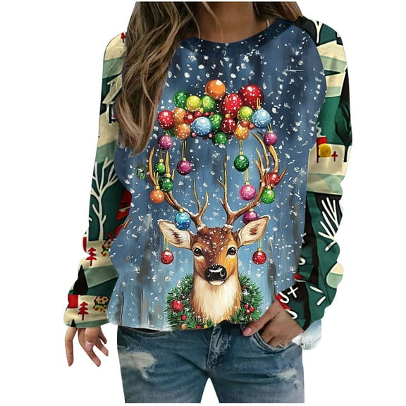 Women's Christmas Sweatshirts Funny Christmas Elk Graphic Pullover Sweater Blouse Thermal Long Sleeve Sweatshirt Comfort Casual Christmas Top Trendy 2025 Christmas Shirts