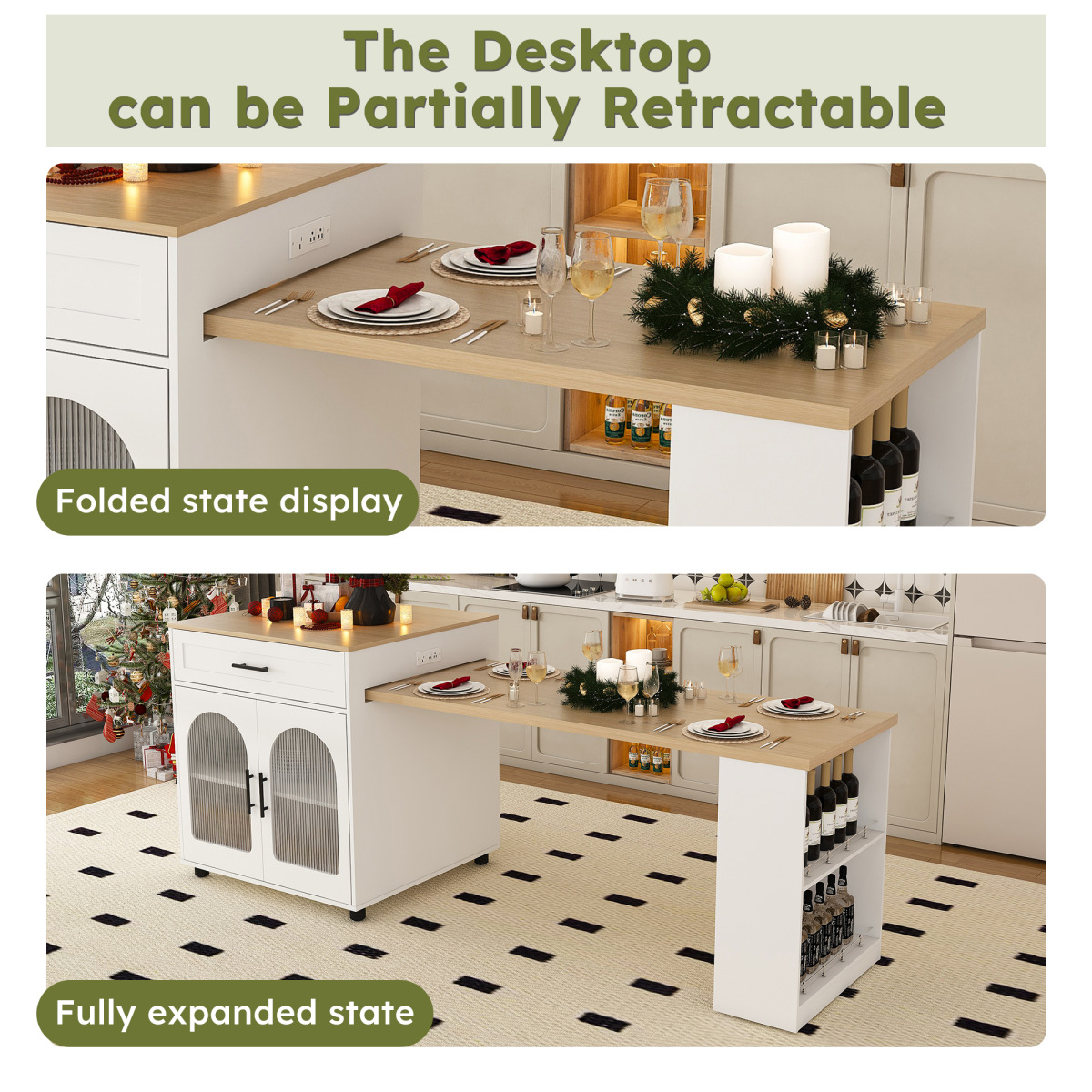 80" Kitchen Island with Extendable Dining Table, Rolling Kitchen Table with Power Outlet, Kitchen Storage Cart with Cabinet & 2 Drawers, White