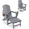thumbnail image 1 of Patio Furniture Adirondack Rocking Chair, Folding & Portable Rocker with Retractable Ottoman & Cup Holders, HDPE All Weather Outdoor Chair for Porch, Deck, Lawn, Garden, Grey, 84x 104.6x 74CM, 1 of 7