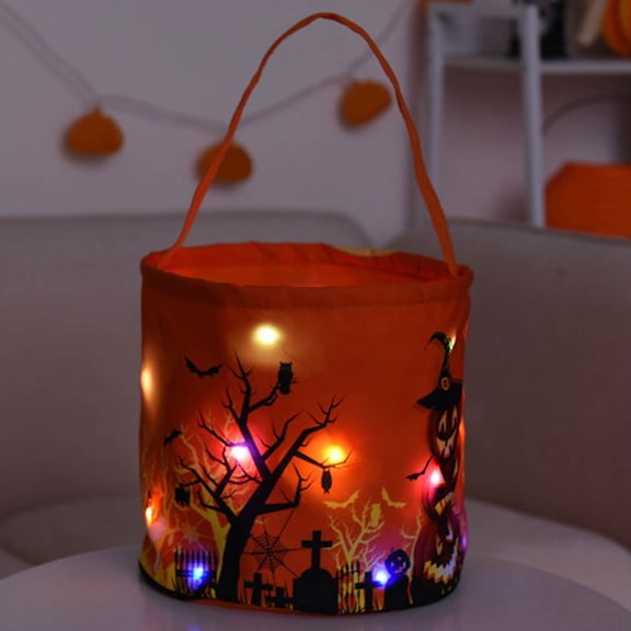 LED Light-Up Halloween Basket Bag, Glowing Candy Tote with Reinforced Handle for Trick-or-Treating, 25x28cm Ventilated Storage Pouch for Toddlerss' Party Favors & Decoration Props