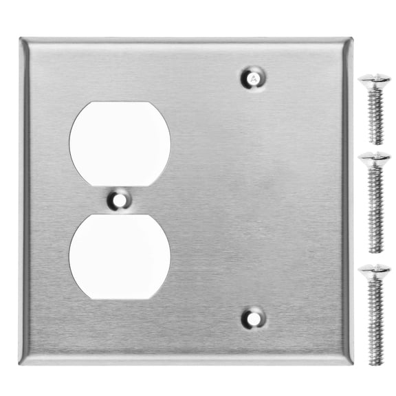Stainless Steel Combination Switch Cover, Duplex Blank Wall Plate, 2 Gang Standard Size, 1 Duplex Receptacle, 1 Blank, 4.50" x 4.56" Corrosion and Heat Resistant, Unbreakable Metal, Made In USA
