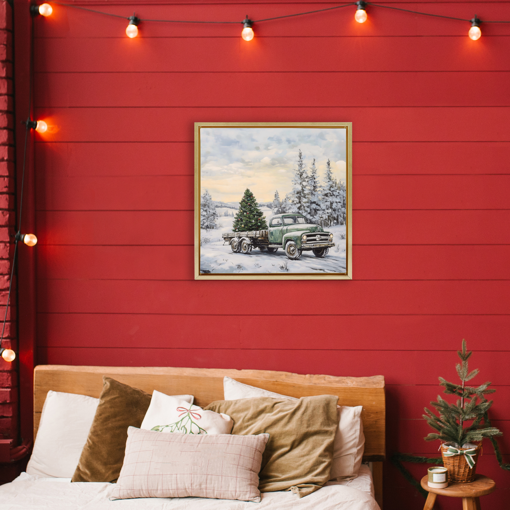 Green Christmas Tree Truck Gold Framed Floater Canvas Wall Art, design by Petal Prints Design