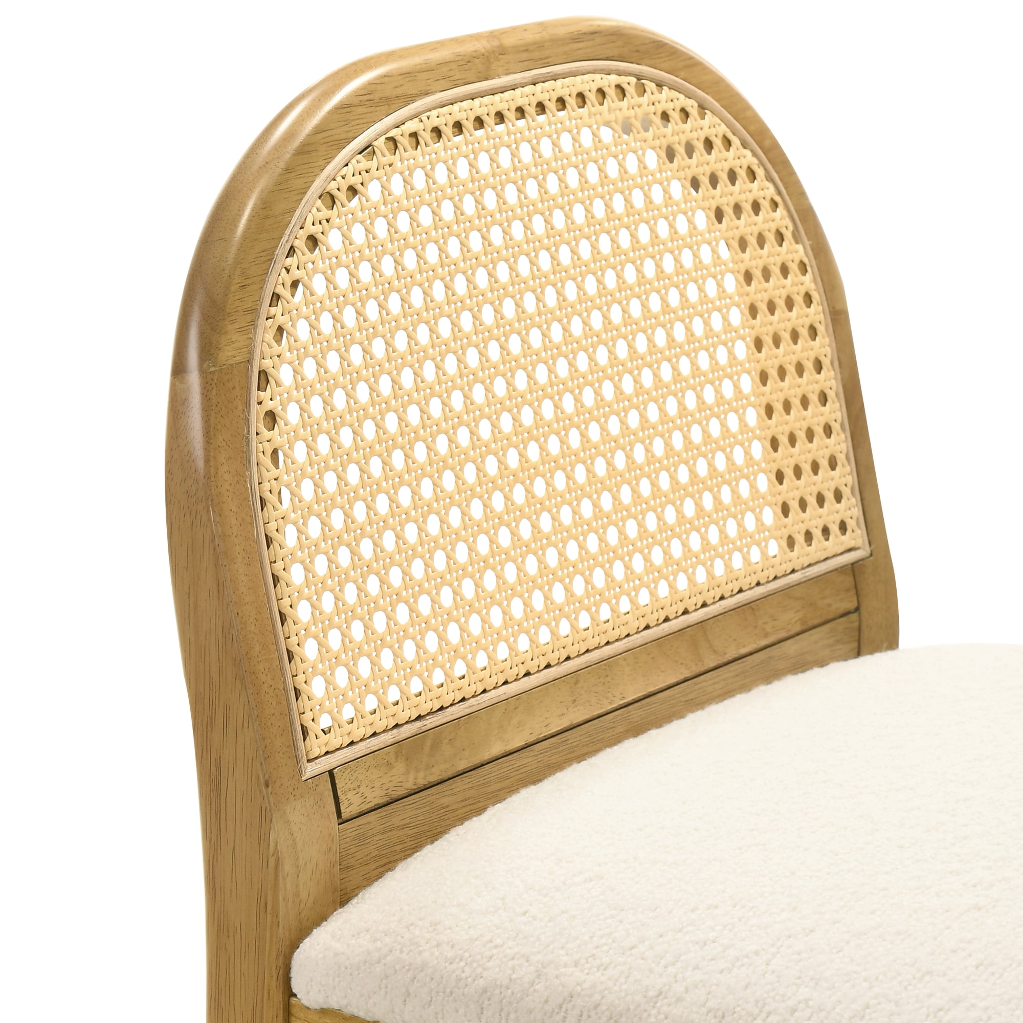 Lucio Modern Farmhouse Wood Bar Height Kitchen Bar Stool in Amber Glow Finish with White Boucle Fabric Upholstered Seat - Set of 2