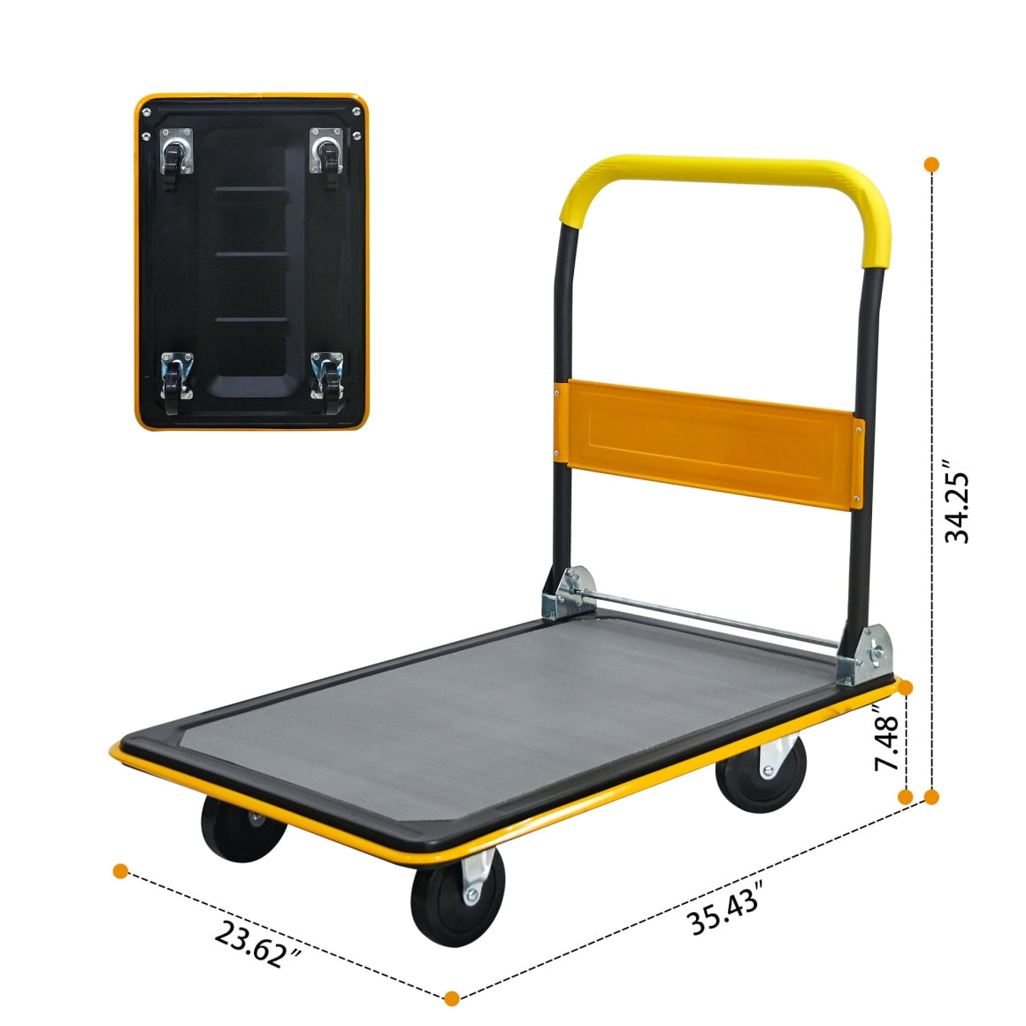Heavy Duty Platform Truck Cart with 4 Wheels, Foldable Push Hand Cart with Anti-Slip Armrest, 660LBS Weight Capacity, for Loading, Storage, Warehouse, Yellow
