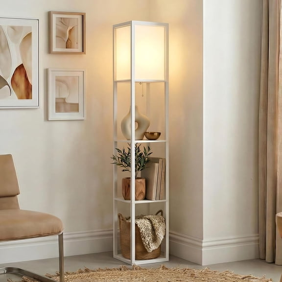 Modern Shelf Floor Lamp with Warm White LED Bulb and Shelves White