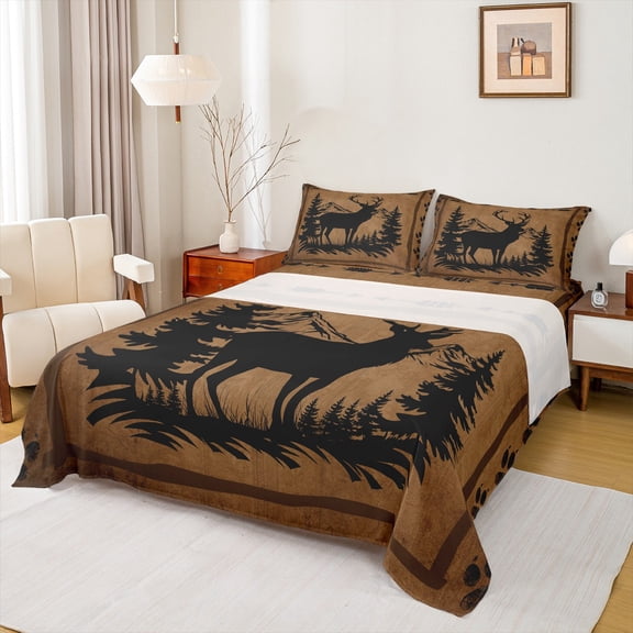 Feelyou Moose Elk Deer Queen Sheet Sets for Kid, Pine Tree Botanical Flat Sheet, Farmhouse Animals Theme Queen Fitted Sheet, Super Cozy Room Decor, 4-Piece