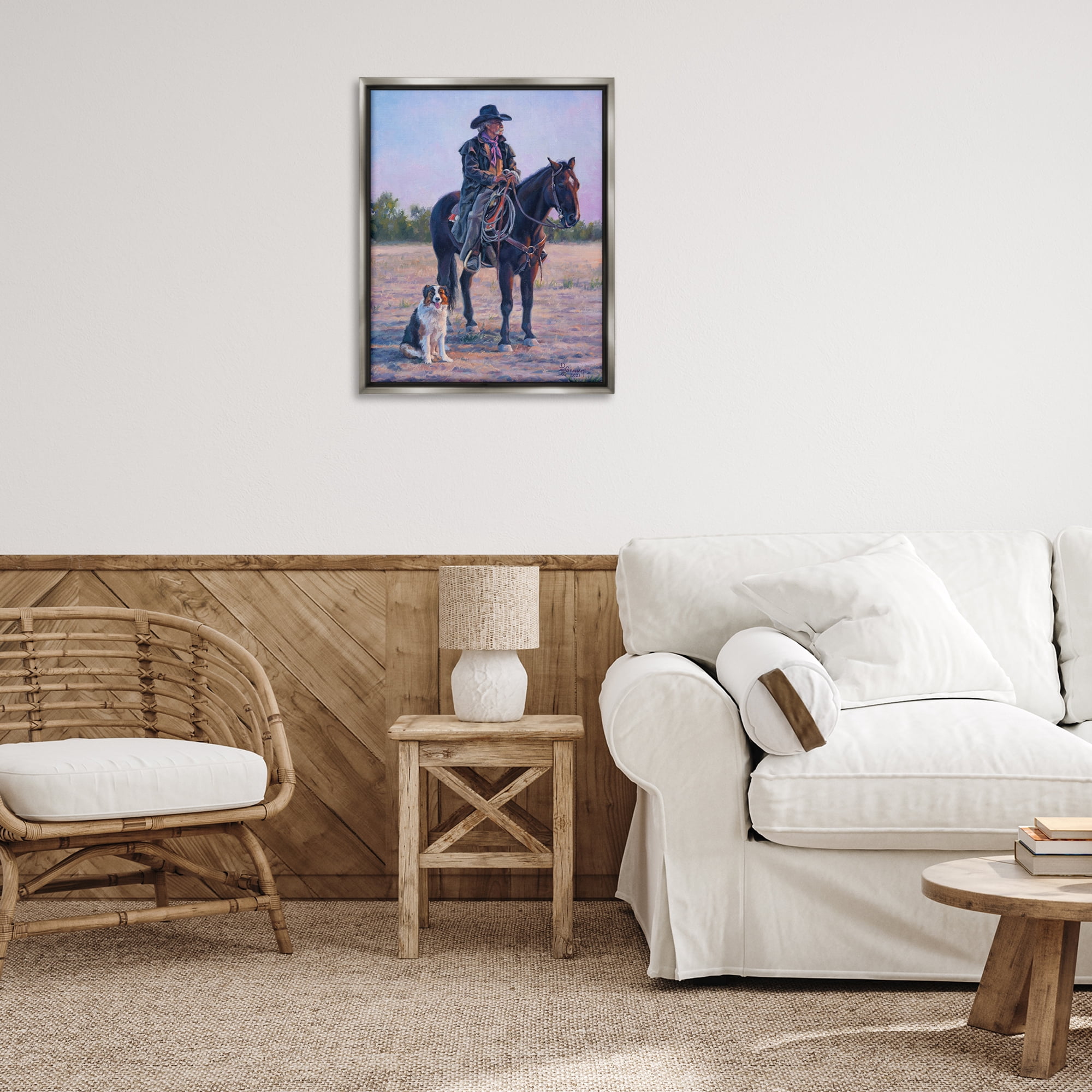 Stupell Industries Old Timers Cowboy Animals & Insects Painting Gray Floater Framed Canvas Art Print Wall Art, 25 x 31