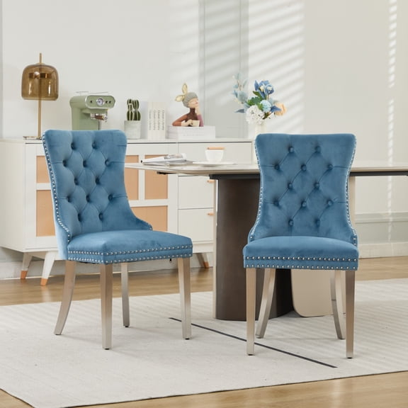 Lisonu Modern Tufted Dining Chairs Set of 2, Light Blue Velvet Upholstered Kitchen Chairs with Nailhead Trim and Chrome Stainless Steel Legs for Dining Room