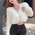 thumbnail image 1 of Suéter de mujer con cuentas japonesas, abrigo de otoño e invierno, cuello en V, suave y dulce cárdigan de punto de terciopelo de visón, top corto, 1 of 5