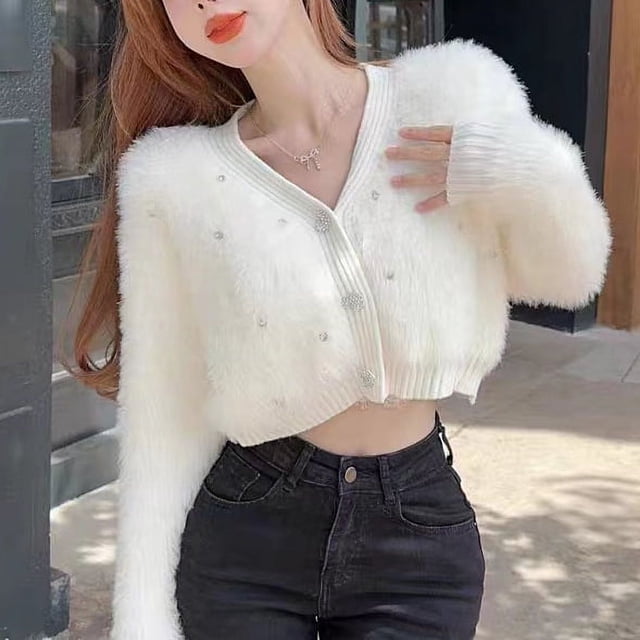 Suéter de mujer con cuentas japonesas, abrigo de otoño e invierno, cuello en V, suave y dulce cárdigan de punto de terciopelo de visón, top corto