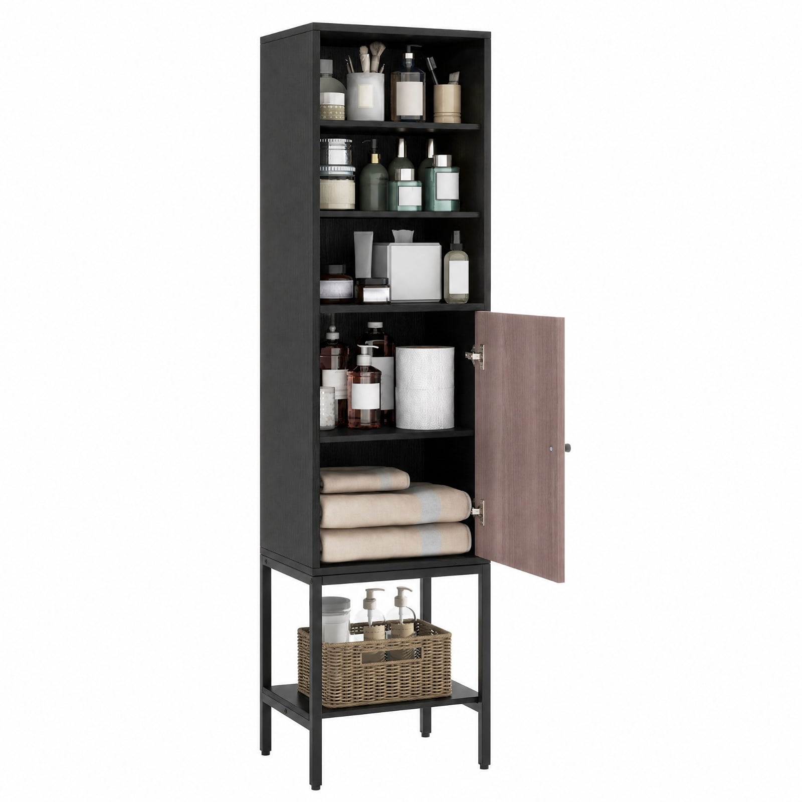 Vebreda Freestanding Bathroom Storage Cabinet, 57 Inch Bathroom Tall Cabinet with 1 Door and 4 Shelves Narrow Storage Unit with Adjustable