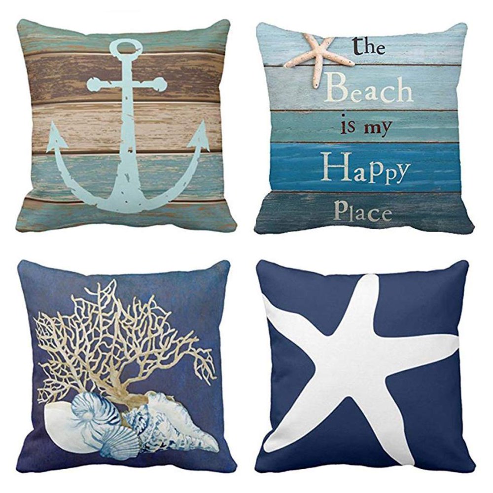 SUFAM Set of 4 Pillow Cases Nautical Coastal Beach and Blue Turquoise