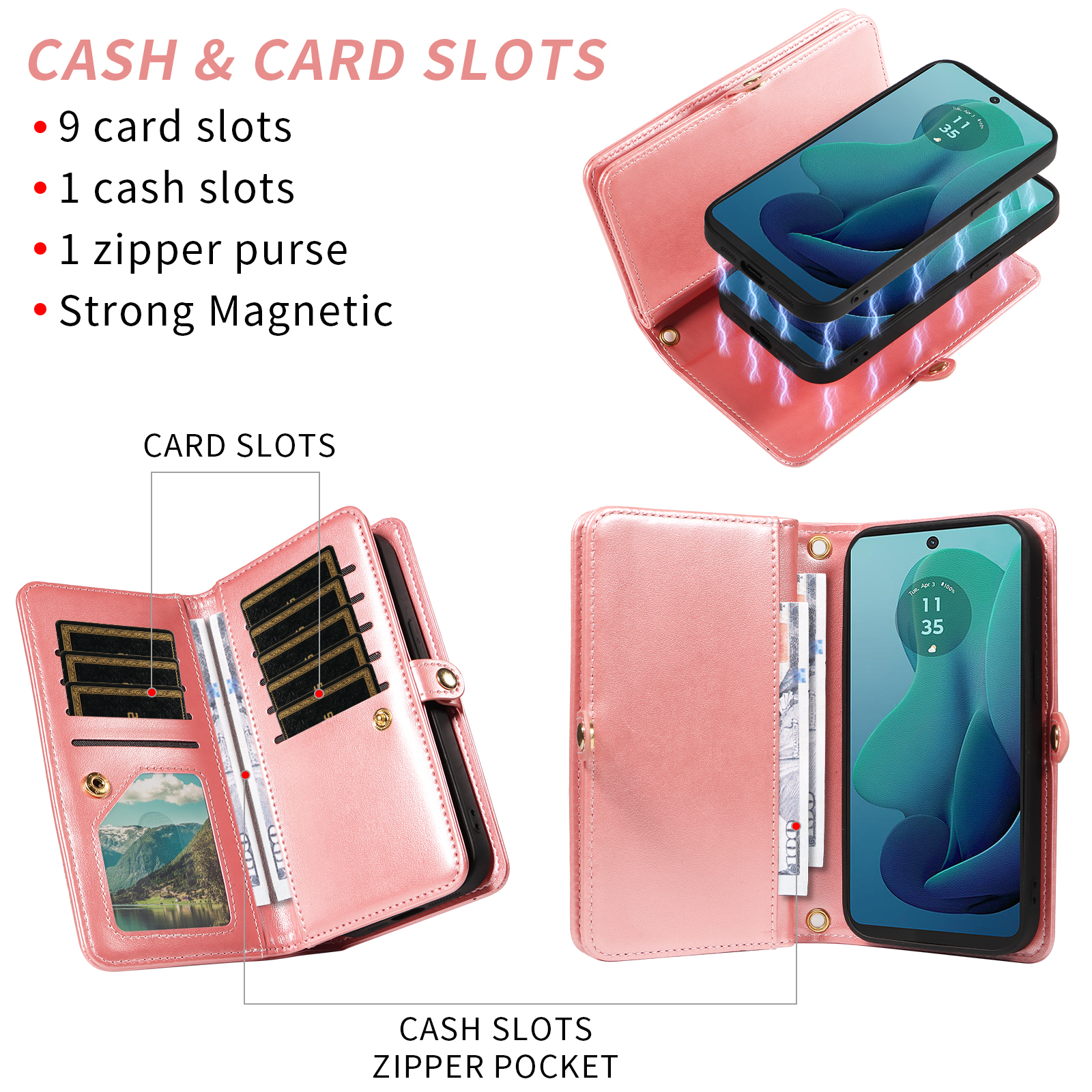 Asuwish Detachable Magnetic Zipper Wallet Phone Case with Flower Pattern and Screen Protector for Motorola Moto G 5G 2024, Rose Gold