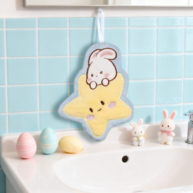 Toallas de mano infantiles con bonitos diseños 3D | Poliéster suave y aterciopelado | Toalla colgante para baño y cocina | 4 colores: rosa, morado, azul y gris | 26 x 20 cm