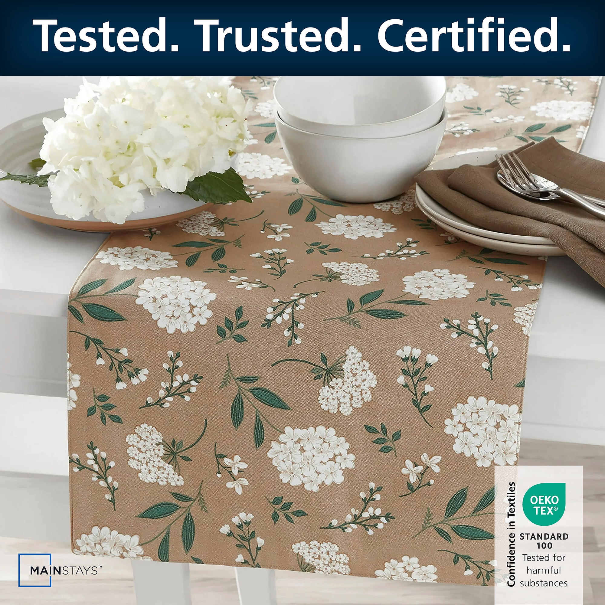 Mainstays Farmhouse Table Runner Summer Floral Brown Fabric, 14" x 72", Hydrangea