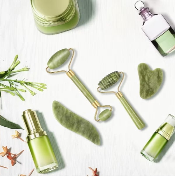 4pcs Facial Roller & Gua Sha Set - Natural Stone Facial Massager with Gua Sha Scraping Tool for Skincare and Relaxation